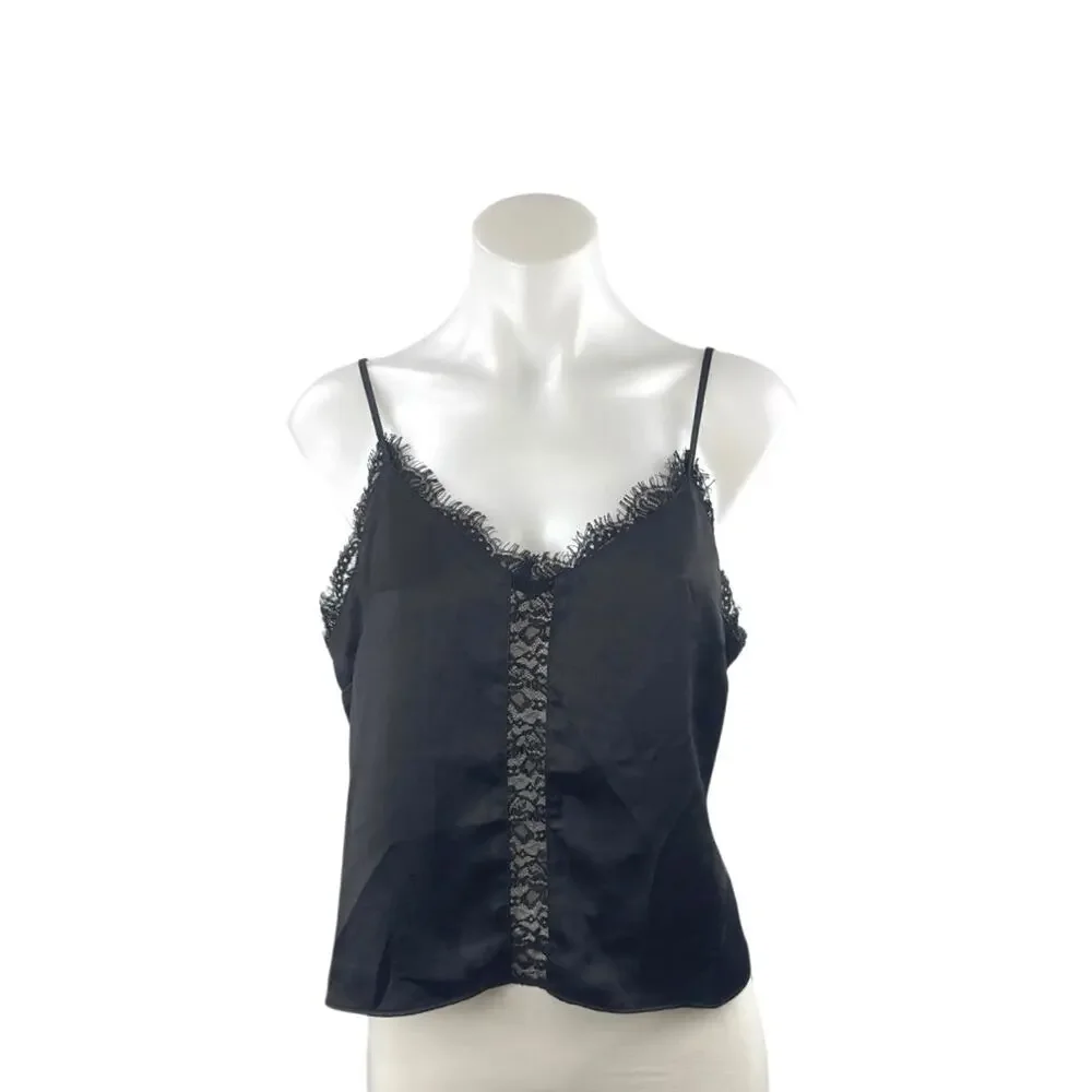Open Edit Women Black Satin Lace V Neck Sleeveless Crop Lingerie Cami Tank Top L